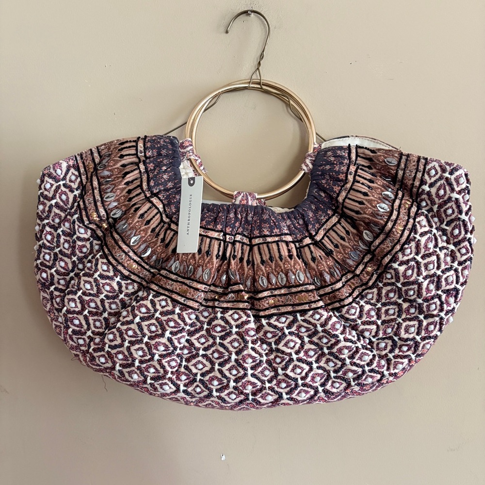 Anthropologie Boho Quilted Beaded Ring-Handle Shoulder Bag in Neutral Colors NWT
